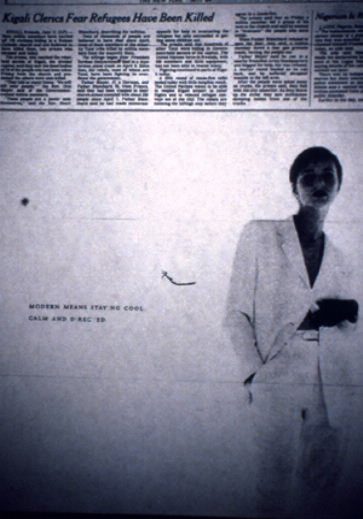 ads The mass media was flooded with “Rwanda genocide” disinformation between April and July of 1994, and advertising that served up subliminal seduction and white supremacy often surrounded these ‘news’ clips. This adverts’ sexualized message—MODERN MEANS STAYING COOL, CALM AND DIRECTED—is augmented by a sanitized ‘news’ clip that described the double presidential assassination as a “mysterious plane crash.” <em>New York Times</em>, June 12, 1994.