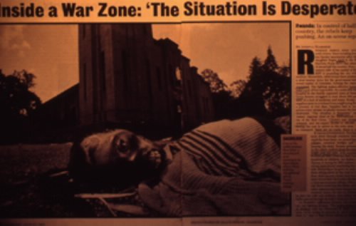clipping Genocide in Rwanda became a massive psychological operation directed against media consumers using ghastly images—produced by RPA-embedded photographers like James Nachtwey and Gilles Peres—to infer that all cadavers were Tutsi victims of an orchestrated Hutu genocide; meanwhile the text was racist disinformation produced by Joshua Hammer. <em>Newsweek</em>, June 20, 1994.