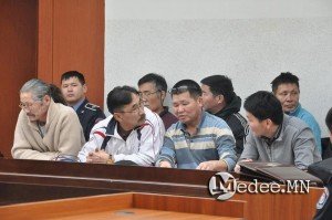 The six environmental leaders accepted their sentences in court with dignity and calm. Ts. Munkhbayar is the 3rd from left, front row. Photo 21 January 2014.