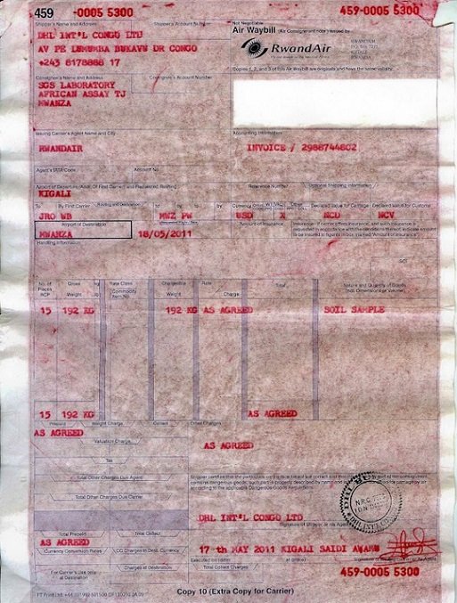 RwandAir air waybill proving Rwandan government mineral shipments out of Bukuvu, DRC on RwandAir, a company tightly linked to the regime through Kagame business kingpin John Mirenge; the transport chain involves DHL International, SGS Laboratories, SwissAir and other international corporations.