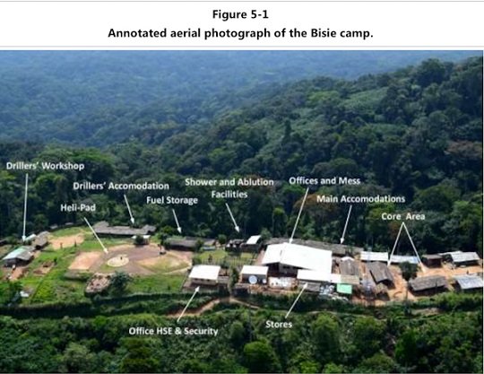 Alphamin Resources maintains a clean, organized, shiny, operations base, accessed by helicopter -- a parallel economy to that of Congolese people who suffer extreme depredations. Photo: Alphamin Bisie NI 43-101 Report.