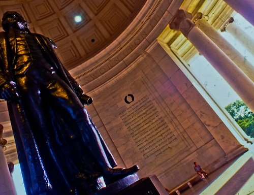 The Lincoln Memorial, Washington DC: what is today Potomac Park was once an apocalyptic hellhole: malarial swamps were dredged and filled to create the 'tidal basin' which rings the monuments, and the Lincoln and jefferson Memorials were erected on the sites of the holding pens and auction blocks of slavery.